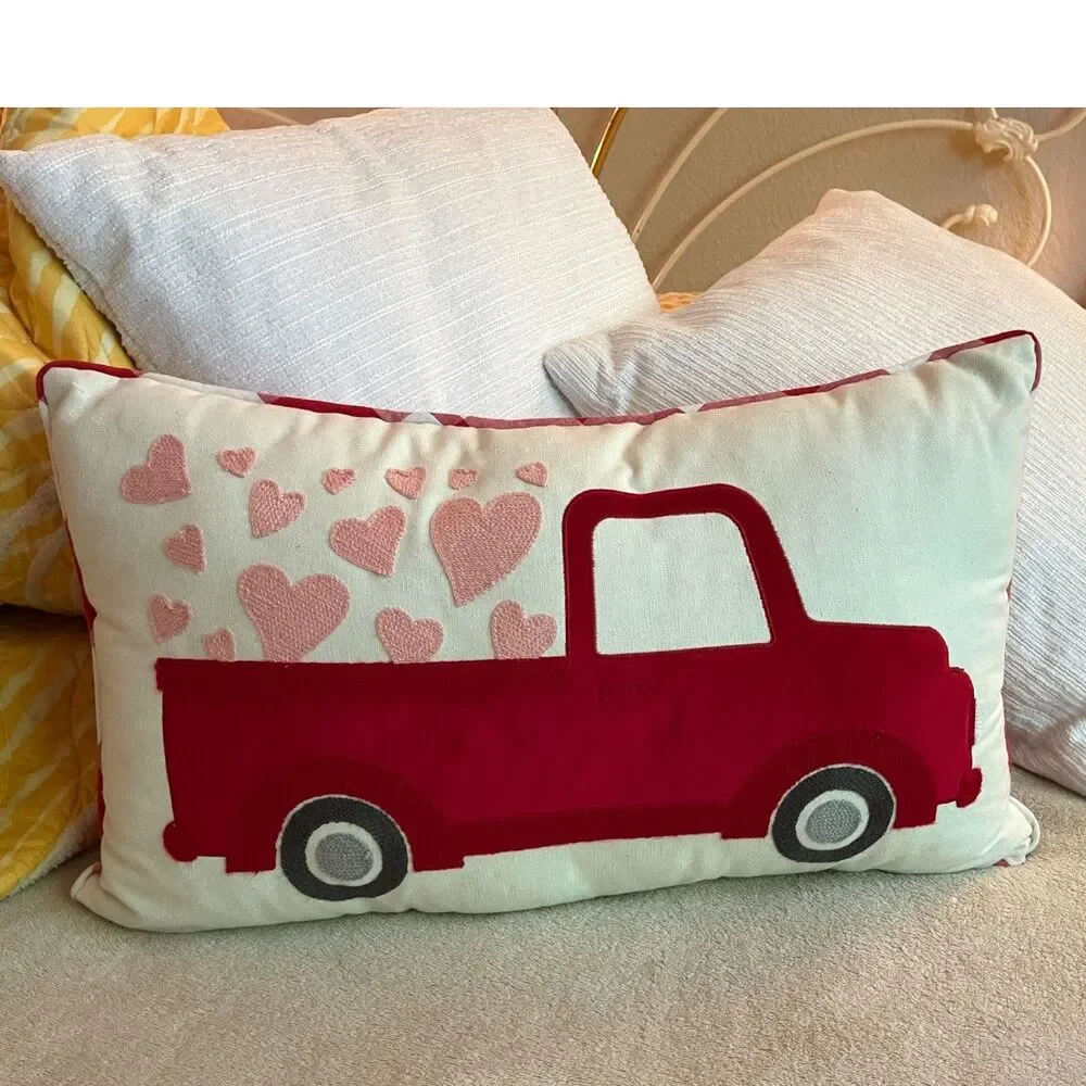 Red Canvas Pickup Truck Plaid Oblong Throw Accent Pillow ~Hearts 21